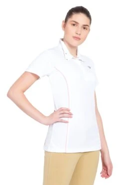TuffRider Ladies Kirby Kwik Dry Short Sleeve Show Shirt -Apparel and Gear Shop 100694 107 01 937 white petal pink gen model angle 1