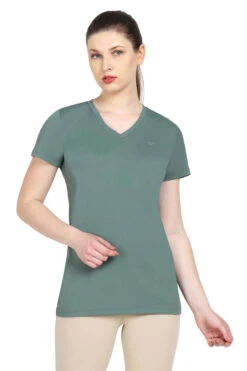 Tuffrider Ladies Taylor Tee Short Sleeve T-Shirt -Apparel and Gear Shop 100965 126 1514 duck 20green gen model front 1