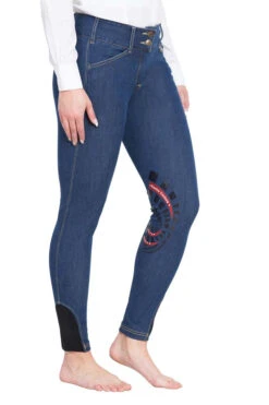 Equine Couture Ladies Calabasas Printed Silicone Patch Denim Breeches -Apparel and Gear Shop 110787 15 navy gen model angle 3