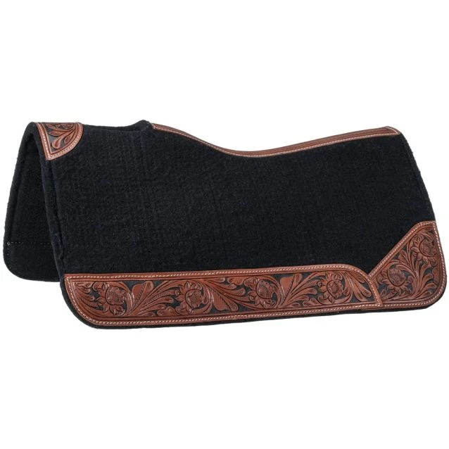 Tough-1 Black Felt Saddle Pad W/Tooled Medium Oil Wear Leathers Black 31X32 1 Tough-1 Black Felt Saddle Pad W/Tooled Medium Oil Wear Leathers Black 31X32